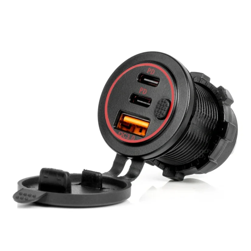 Nabíječka USB-A 2x USB-C QC3.0 12/24V vestavná - podsvícení červené