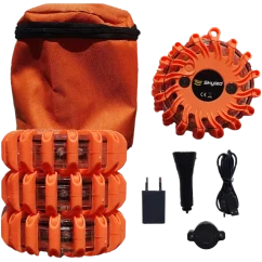 Magnetické výstražné puky 16 LED nabíjecí oranžové - 3ks v taštičce i s příslušenstvím