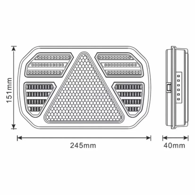 Technický nákres bezdrátových LED světel CANBUS Kramp LA60060 s rozměry 245x151x40mm