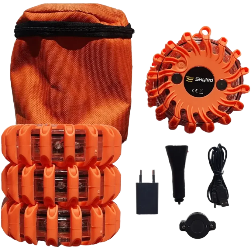 Magnetické výstražné puky 16 LED nabíjecí oranžové - 3ks v taštičce i s příslušenstvím