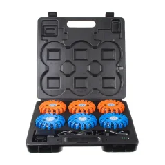Magnetický výstražný puk 16 LED nabíjecí modrý a červený, sada 6ks v dobíjecím kufříku