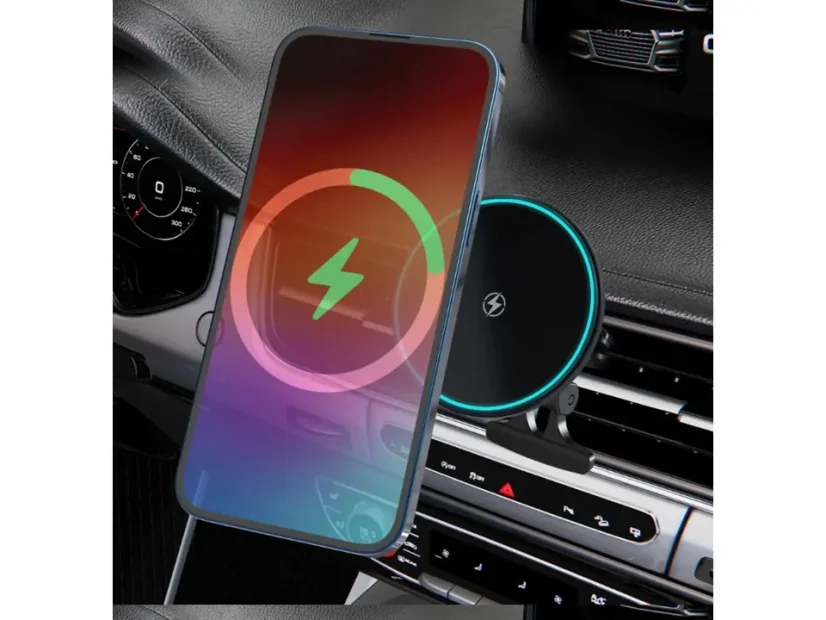 Magnetický držák telefonu s indukčním Qi dobíjením s háčkem do mřížky ventilace a lehkým podsvícením