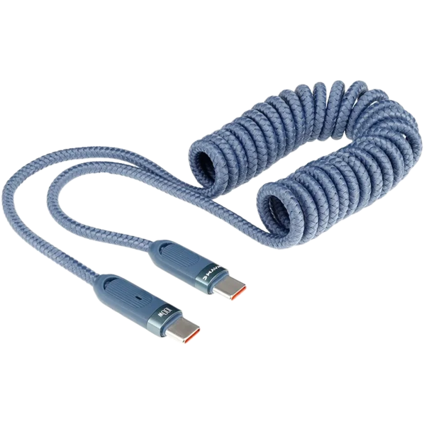 Nabíjecí USB-C / USB-C kabel, spirálový 50 - 180 cm, 100 W, modrý