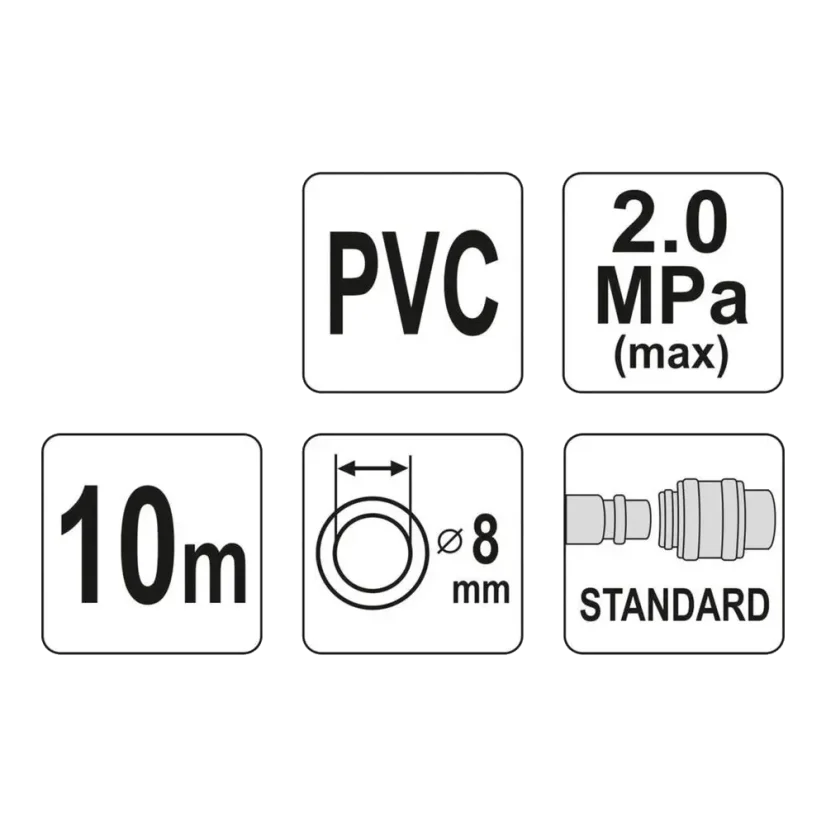 Vzduchová hadice PVC 8mm 20bar + rychlospojky - 10m - parametry