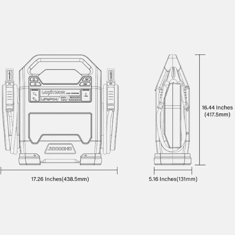 Startovací zdroj  Lokithor J10000HD 12/24V 10000A s LiFePO₄ RFCT - rozměry