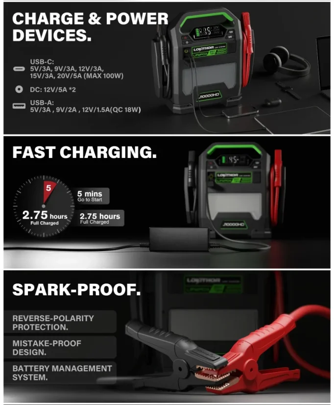 Startovací zdroj  Lokithor J10000HD 12/24V 10000A s LiFePO₄ RFCT